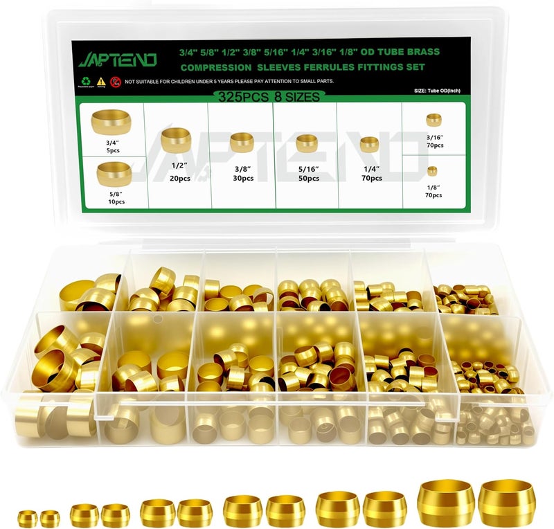 Japtend 325pcs Brass Compression Sleeves Ferrules Fittings Assortment Kit, 3/4" 5/8" 1/2" 3/8" 5/16" 1/4" 3/16" 1/8" 8 Sizes Air Hose Ferrules Kit of Air Water Fuel Oil Gas Tube Lines - Image 1